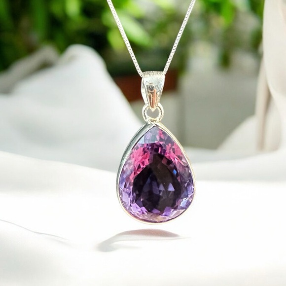 Large Tear Drop Amethyst Sterling Silver Necklace - Picture 4 of 11
